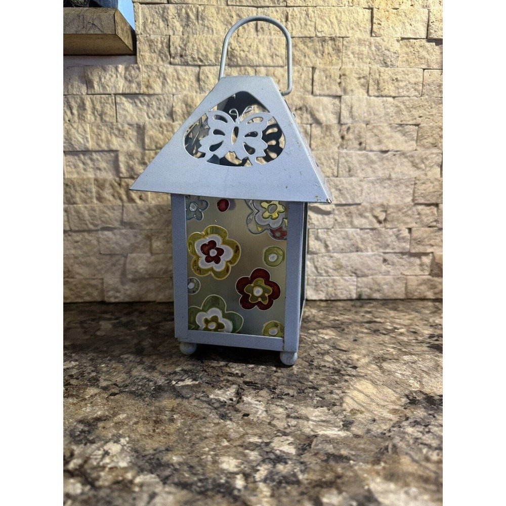 Butterfly‎ Porch or Table Lantern Tea Candle Blue Metal & Floral Stain Glass